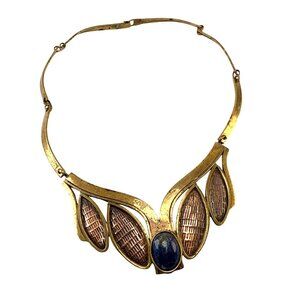 Vintage Brass Copper Statement Necklace Lapis Lazuli Centerpiece